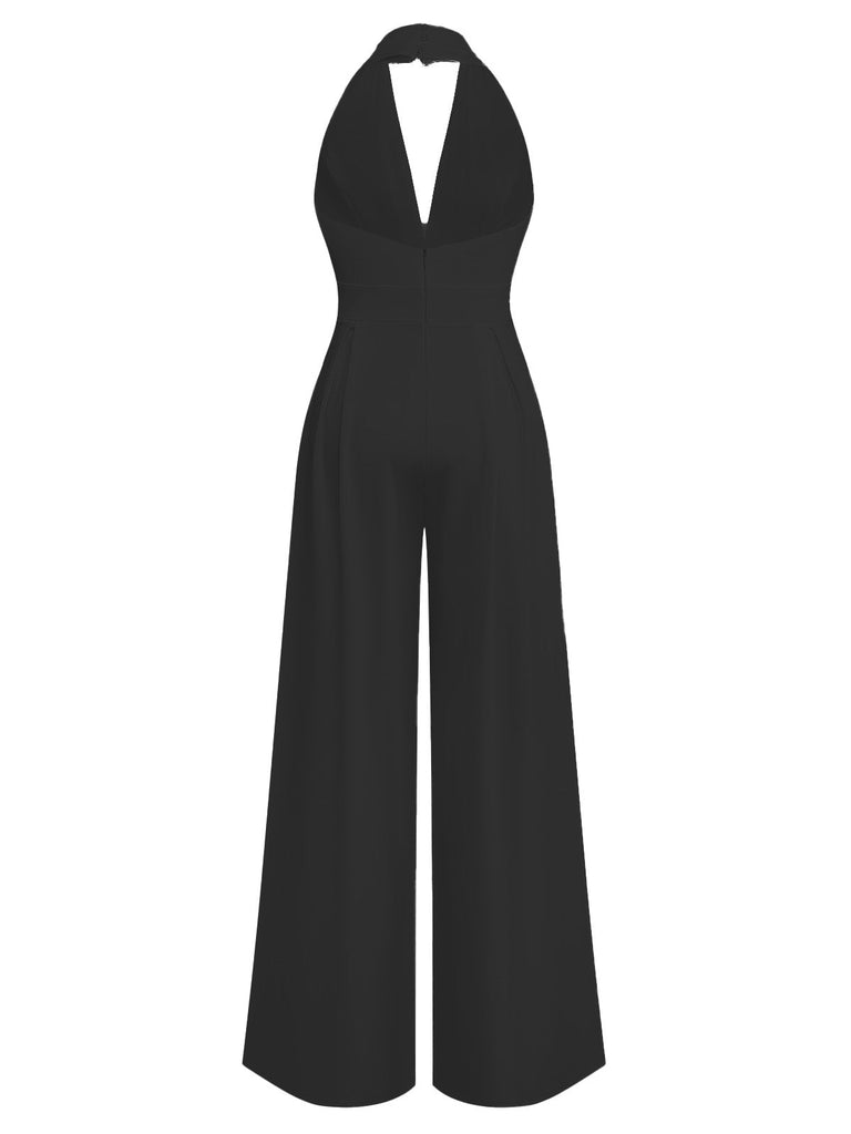 Combinaison pantalon unie col V profond et jambes ultra-larges années 1970