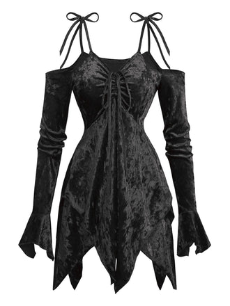 Robe en velours manches clochebretelles à lacets et ourlet irrégulier des années 1960