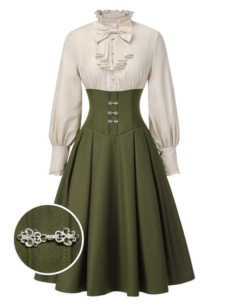 Robe à volants bloc de couleur col jabot et nœud victorien des années 1950
