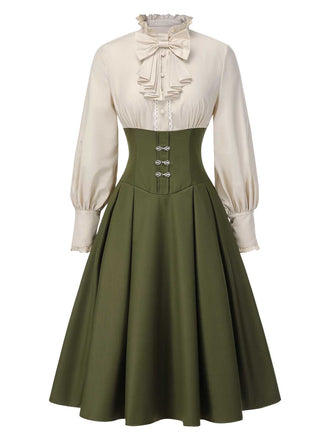 Robe à volants bloc de couleur col jabot et nœud victorien des années 1950