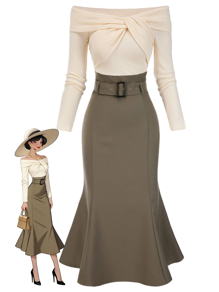 Robe sirène torsadée épaules dénudées kaki avec ceinture des années 1960