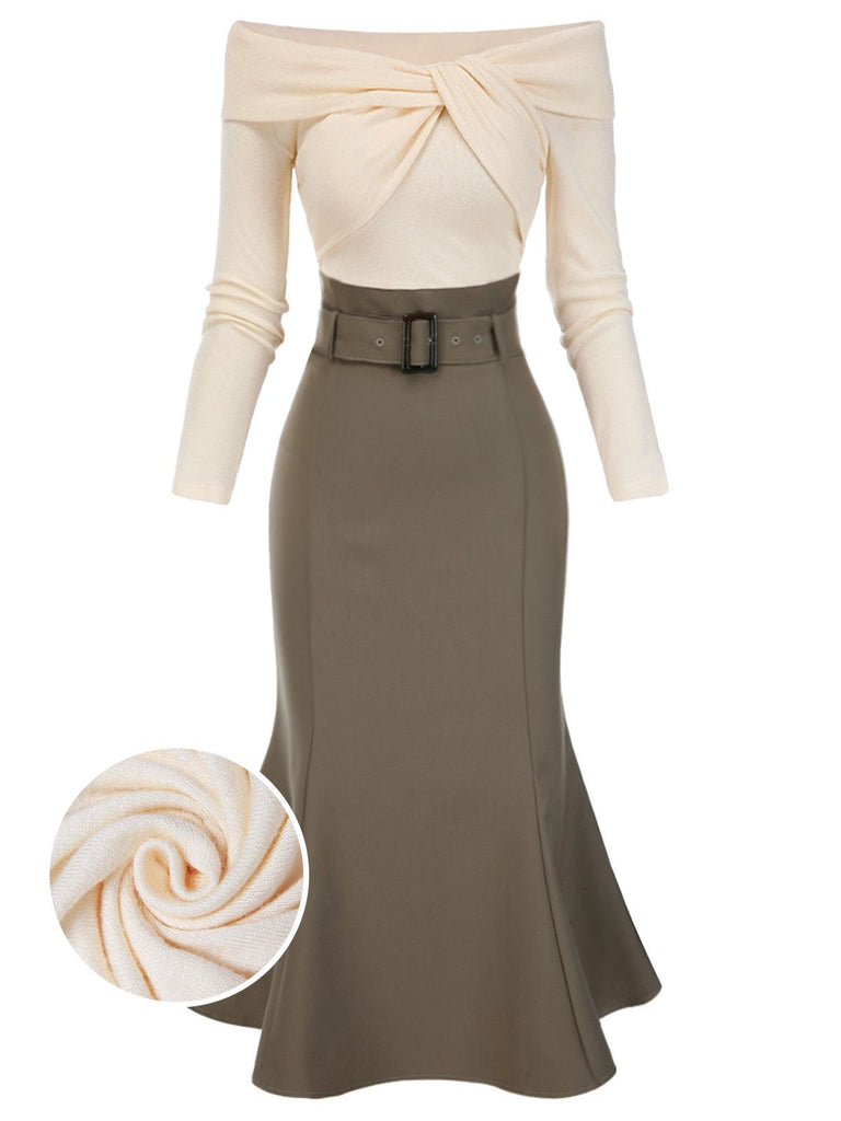 Robe sirène torsadée épaules dénudées kaki avec ceinture des années 1960