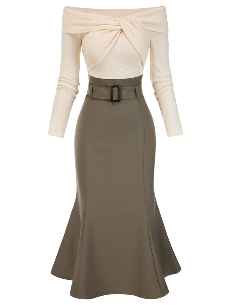 Robe sirène torsadée épaules dénudées kaki avec ceinture des années 1960