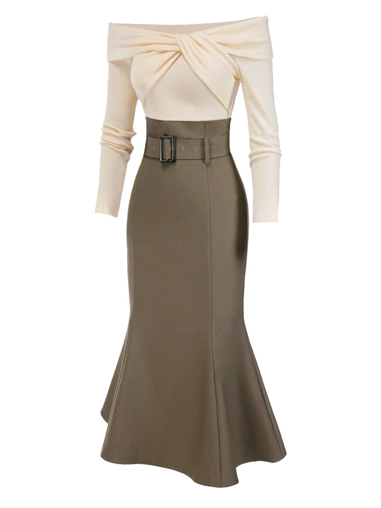 Robe sirène torsadée épaules dénudées kaki avec ceinture des années 1960