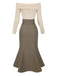 Robe sirène torsadée épaules dénudées kaki avec ceinture des années 1960