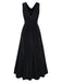 Robe noire col bénitier en velours avec broche en plumes des années 1930