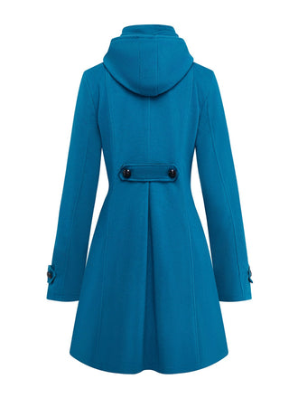 Manteau à capuche bleu uni en fausse laine des années 1930