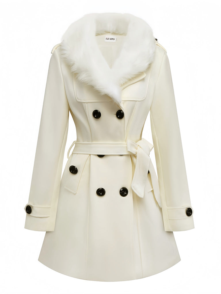 Manteau noir à boutons amovibles en fausse fourrure des années 1940