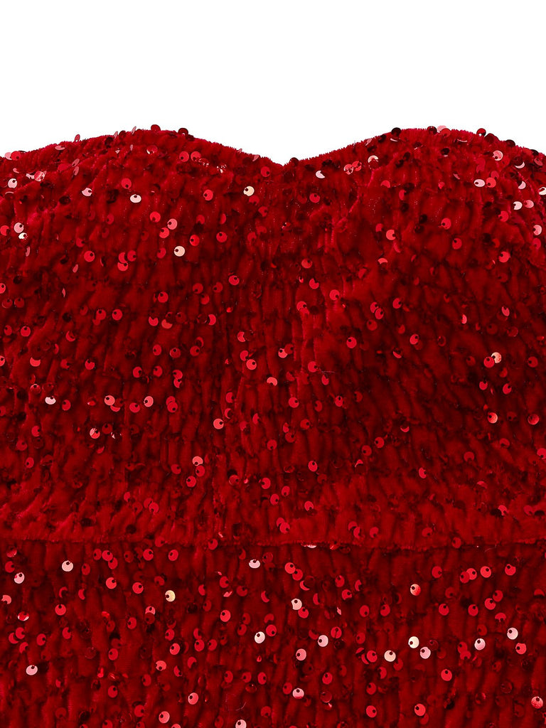 Robe bustier rouge en velours à paillettes et bordure en fausse fourrure années 70
