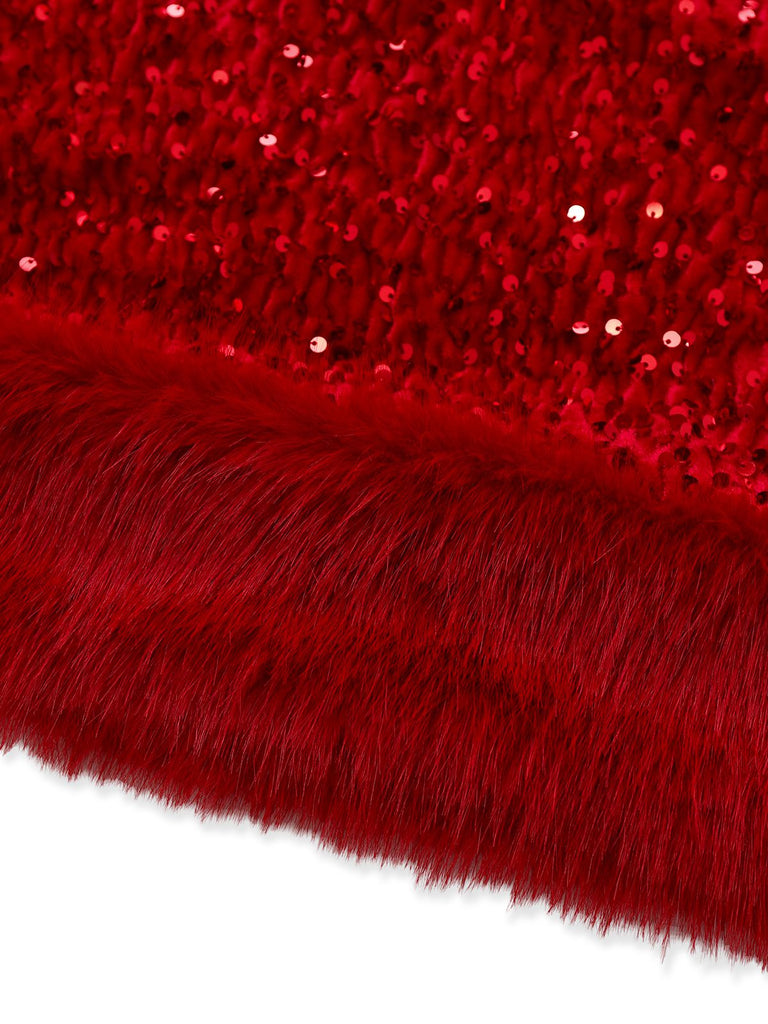 Robe bustier rouge en velours à paillettes et bordure en fausse fourrure années 70