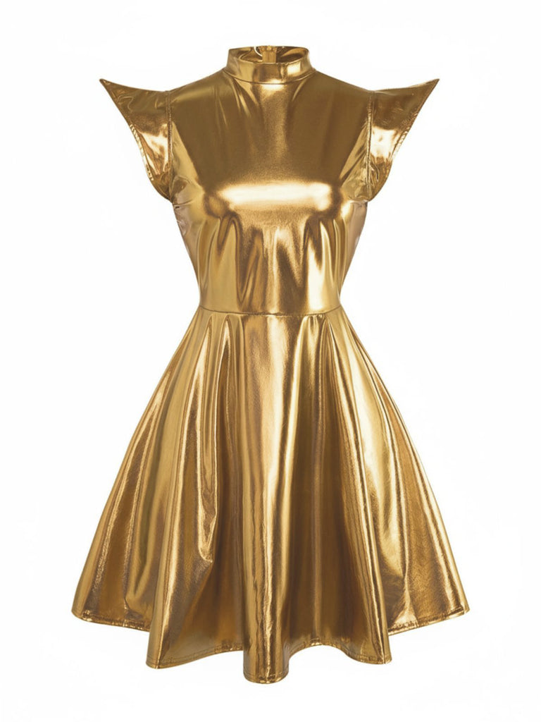 Robe mini noire de soirée futuriste métallisée années 1980