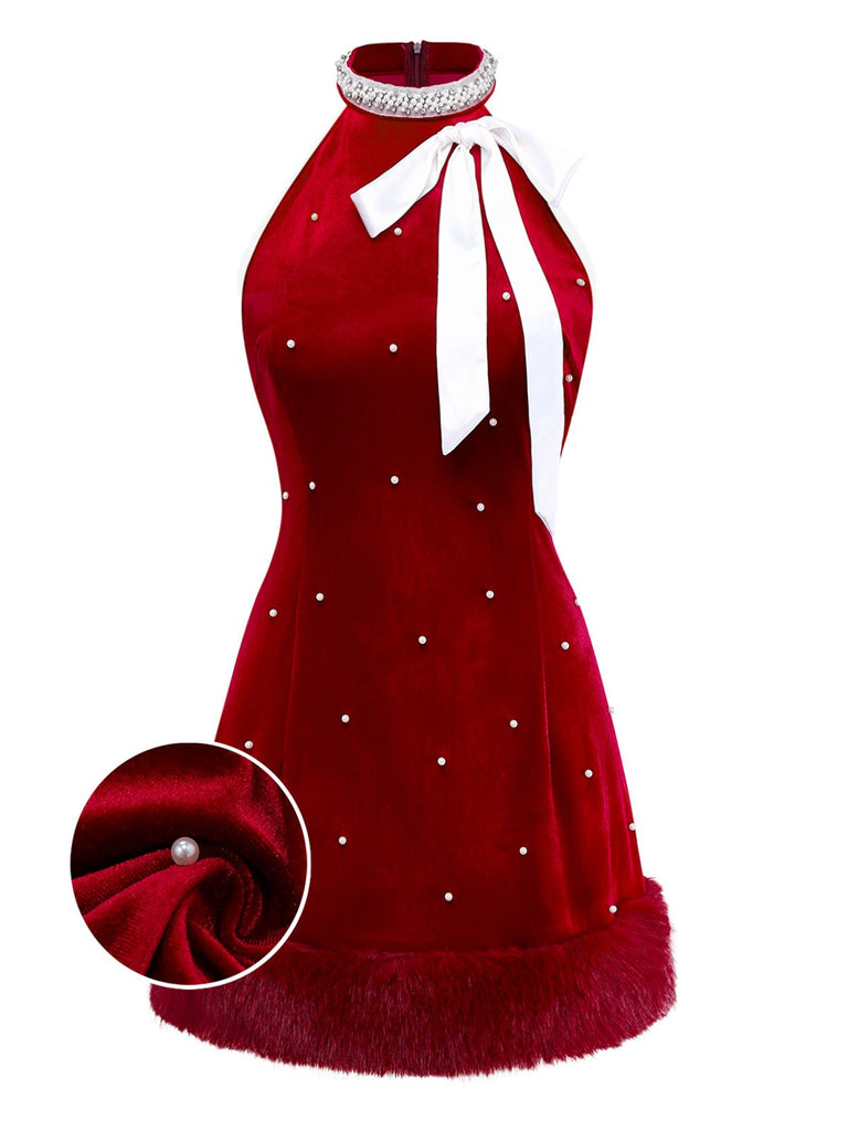 Robe de Noël rouge à franges de perles années 1960