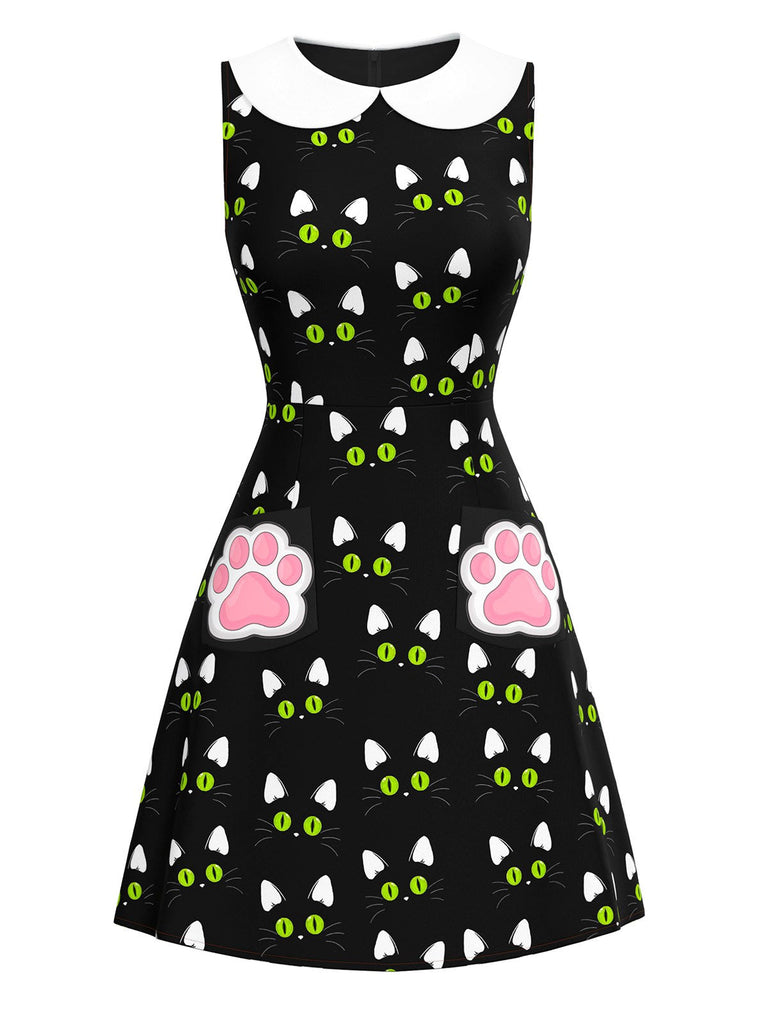 Robe noire imprimé chat avec poches à pattes des années 1960