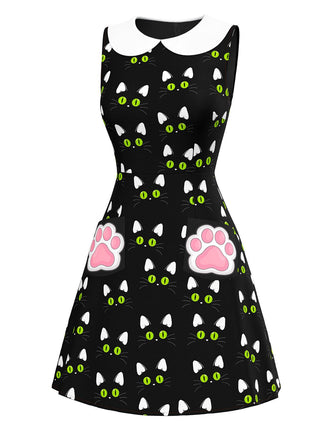 Robe noire imprimé chat avec poches à pattes des années 1960