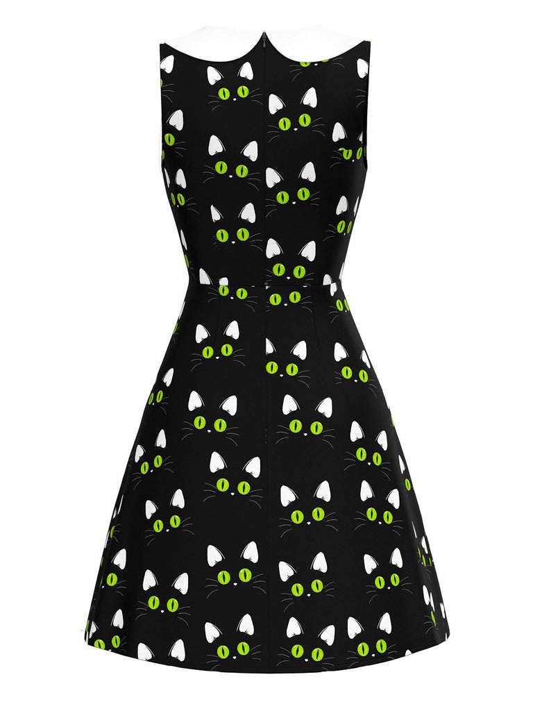 Robe noire imprimé chat avec poches à pattes des années 1960