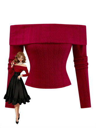 Pull tricoté rouge à épaules dénudées années 1950