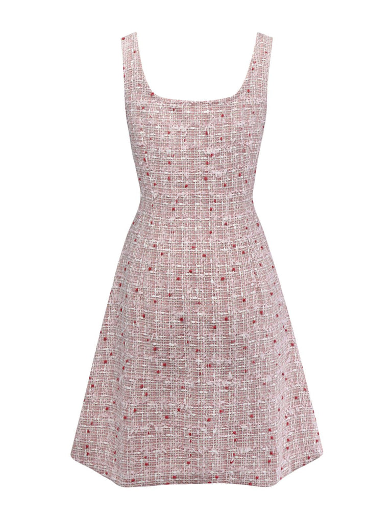 Robe rose chasuble courte en tweed à carreaux années 1960