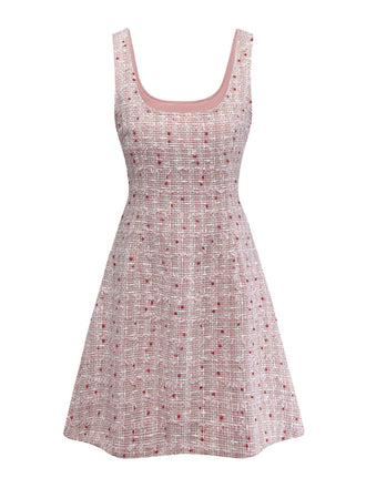Robe rose chasuble courte en tweed à carreaux années 1960