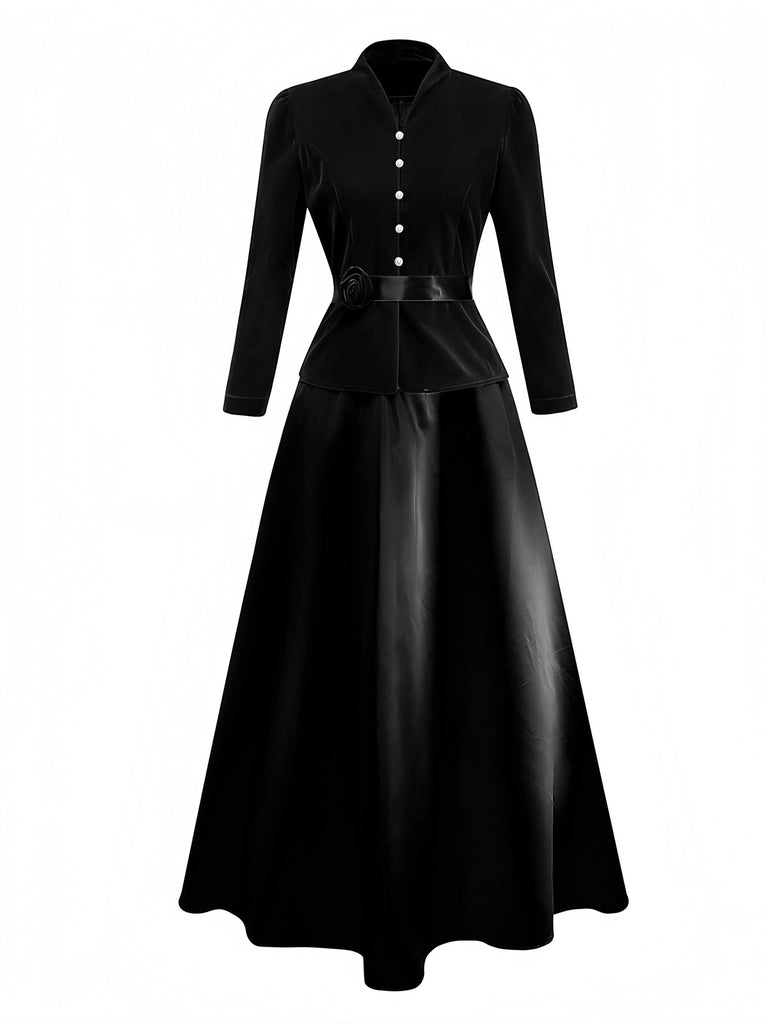 2PCS Veste en velours à col en V et jupe vin rouge années 1940