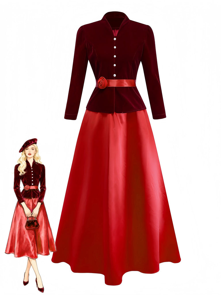 2PCS Veste en velours à col en V et jupe vin rouge années 1940