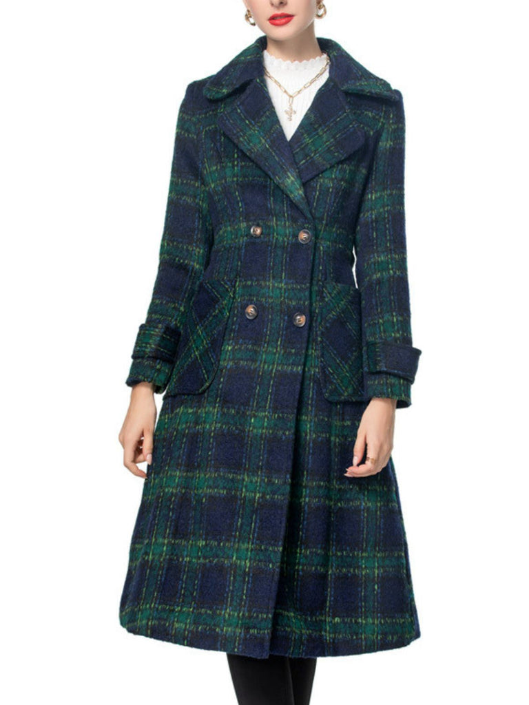 Manteau long vert à carreaux Blackwatch col cranté des années 1940