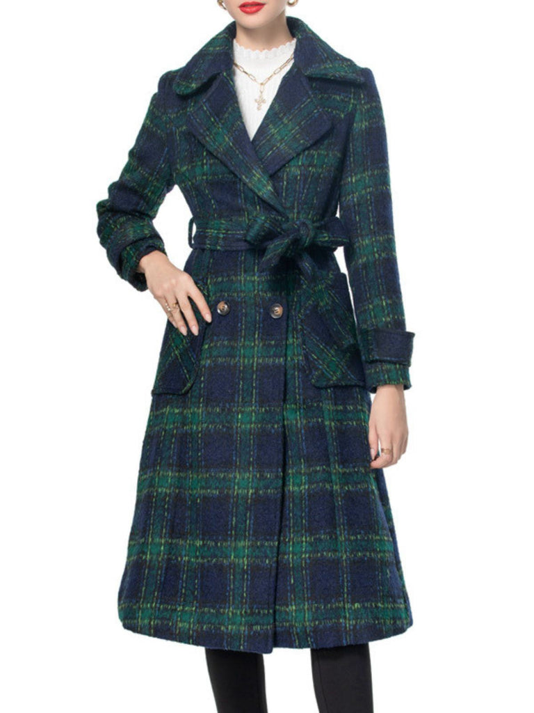 Manteau long vert à carreaux Blackwatch col cranté des années 1940