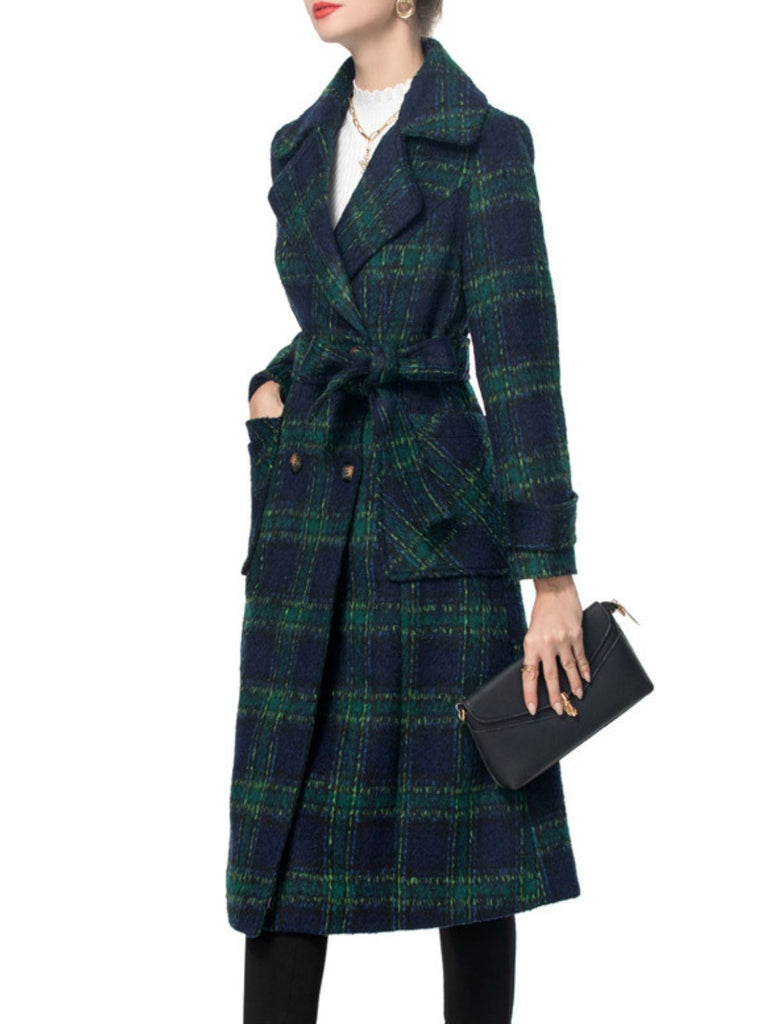 Manteau long vert à carreaux Blackwatch col cranté des années 1940