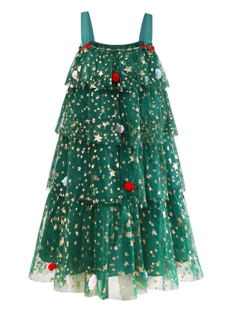 Robe en maille verte avec pompons forme d'arbre de Noël des années 1960