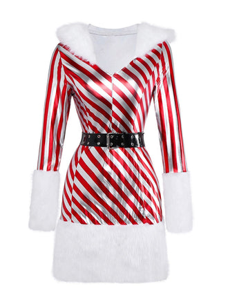Robe à capuche et jambières rouges à rayures style canne à sucre des années 1960
