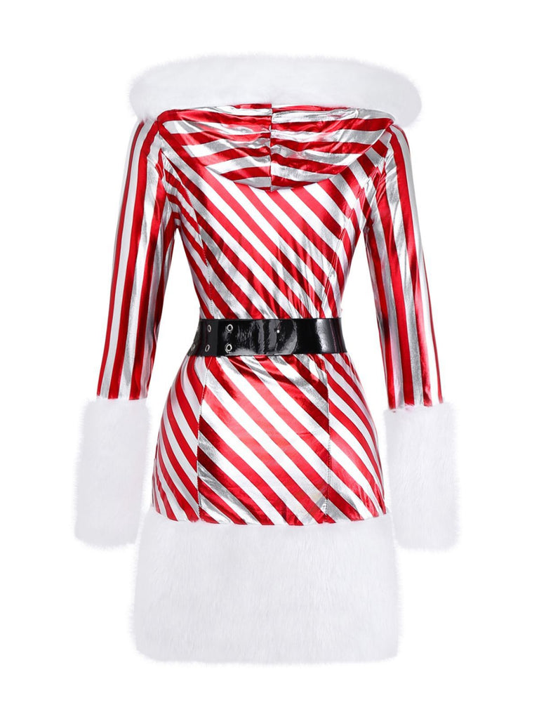 Robe à capuche et jambières rouges à rayures style canne à sucre des années 1960