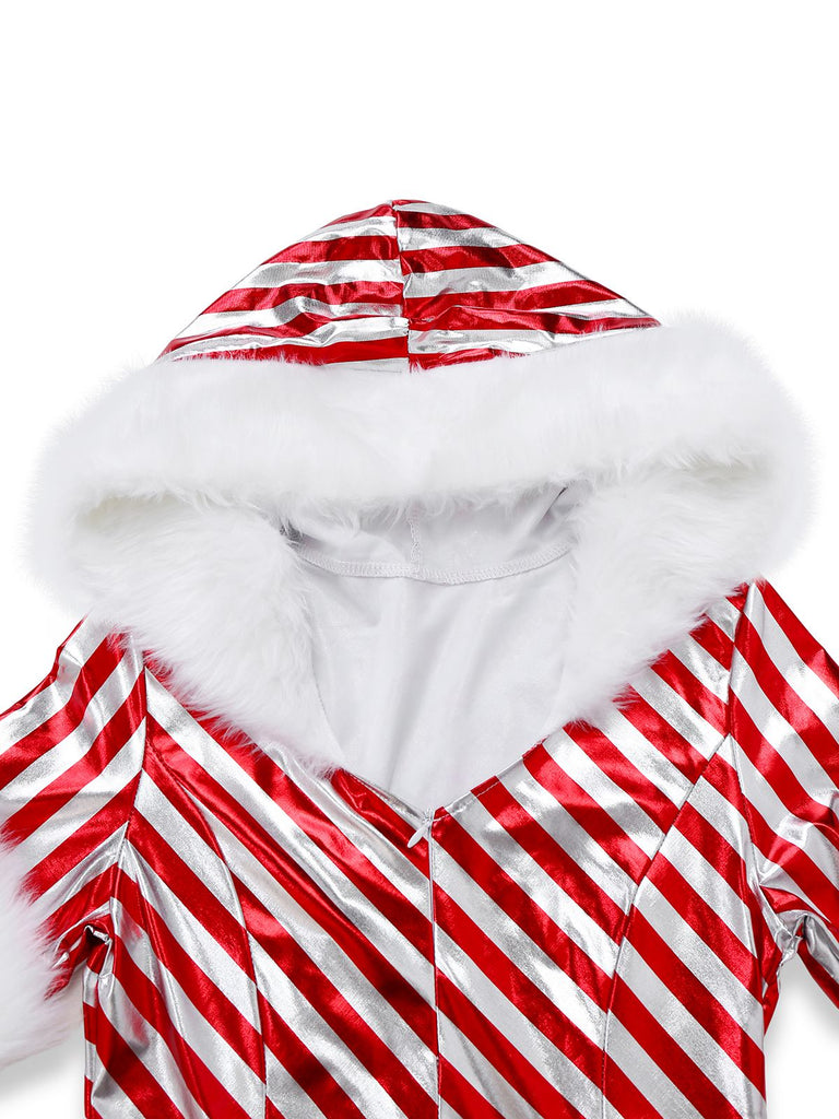 Robe à capuche et jambières rouges à rayures style canne à sucre des années 1960