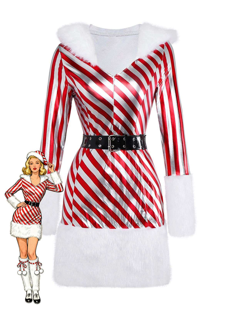 Robe à capuche et jambières rouges à rayures style canne à sucre des années 1960
