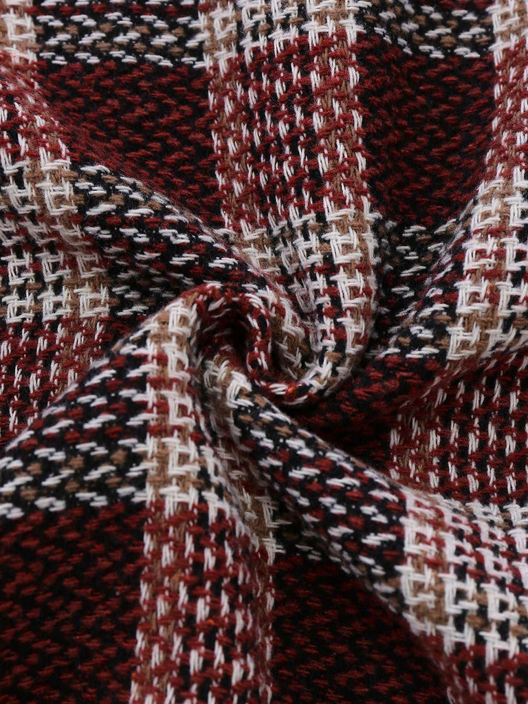 Manteau rouge à carreaux en tweed col montant des années 1950