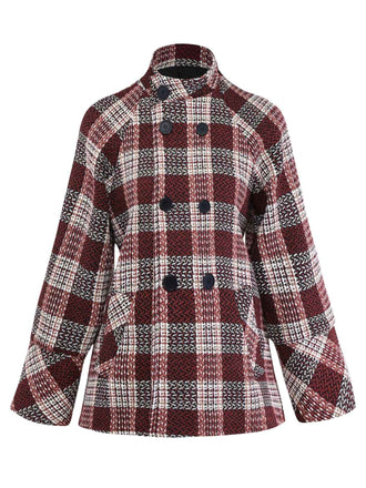 Manteau rouge à carreaux en tweed col montant des années 1950