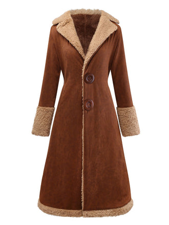 Trench-coat boutonné en faux daim col cranté marron des années 1950
