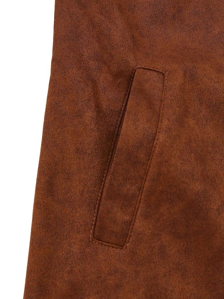 Trench-coat boutonné en faux daim col cranté marron des années 1950