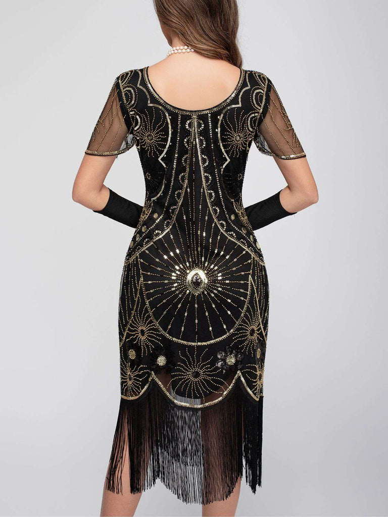 Robe à franges et paillettes à encolure dégagée des années 1920