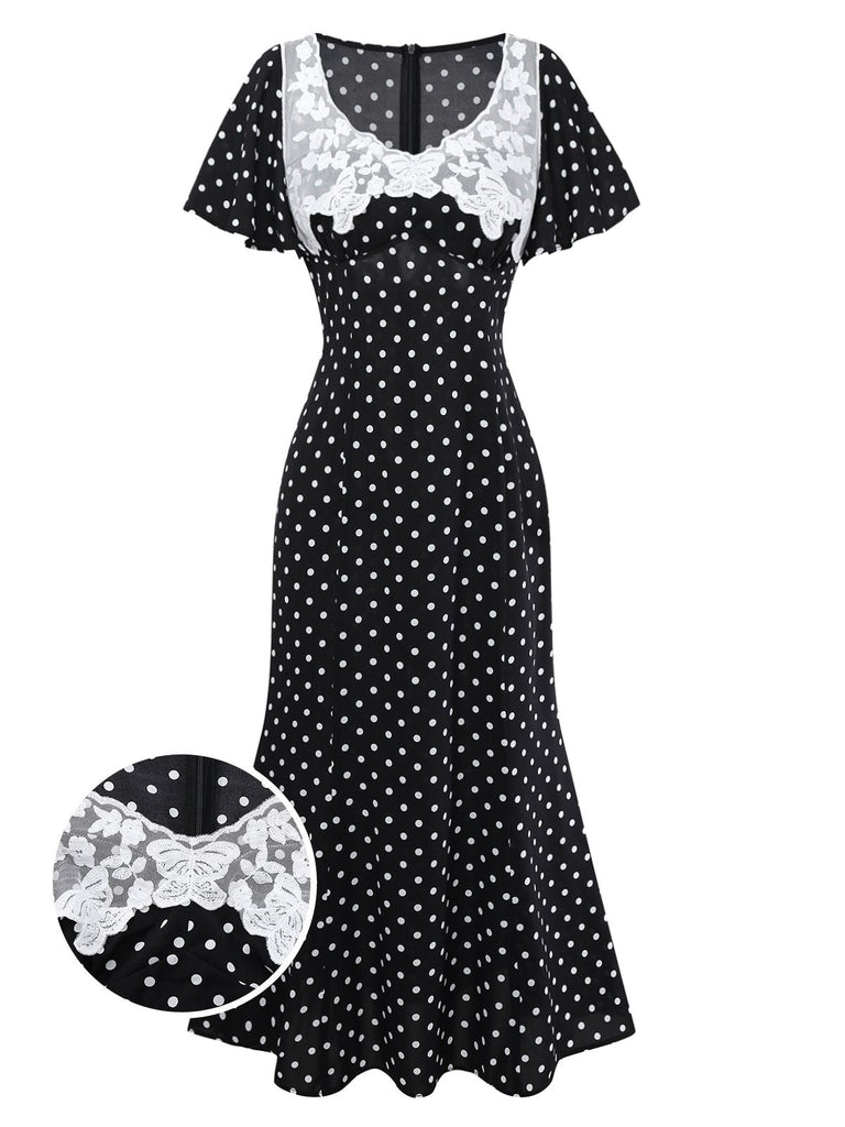 Robe noire à pois patchwork en dentelle manches évasées des années 1930