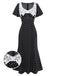 Robe noire à pois patchwork en dentelle manches évasées des années 1930