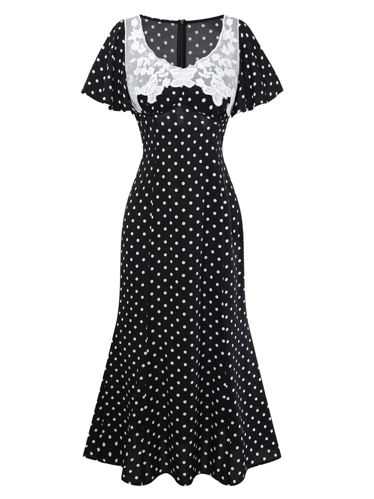 Robe noire à pois patchwork en dentelle manches évasées des années 1930