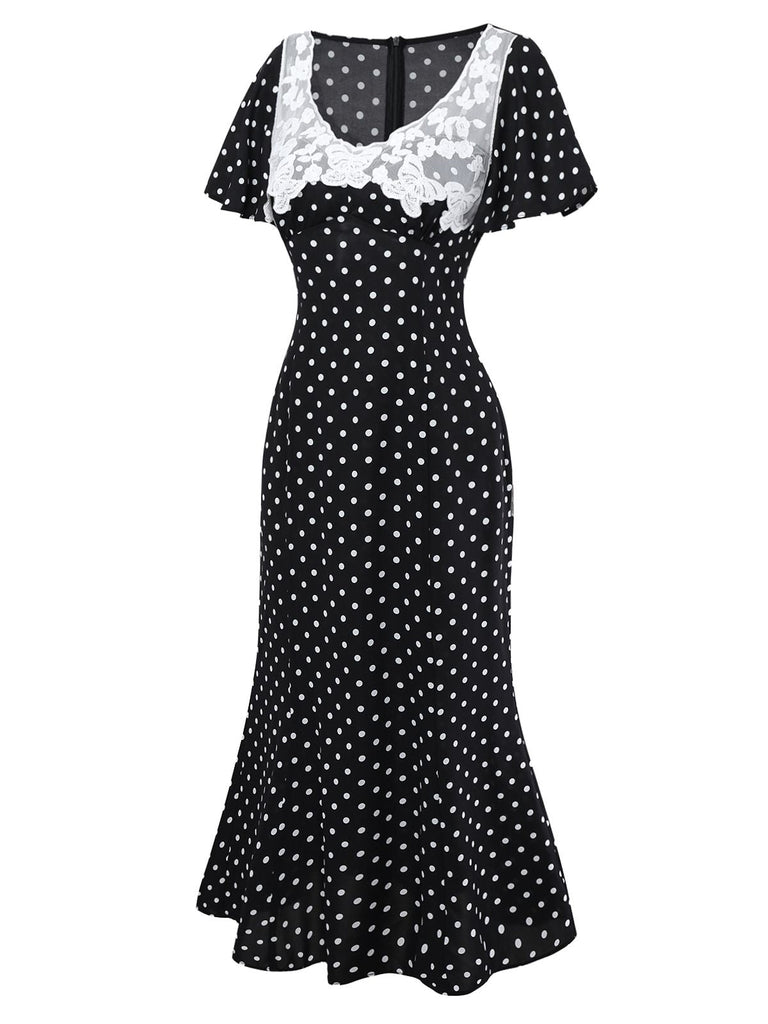 Robe noire à pois patchwork en dentelle manches évasées des années 1930