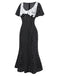 Robe noire à pois patchwork en dentelle manches évasées des années 1930