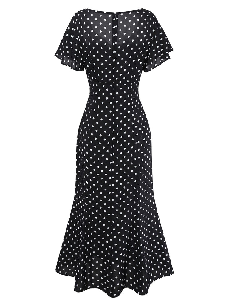 Robe noire à pois patchwork en dentelle manches évasées des années 1930