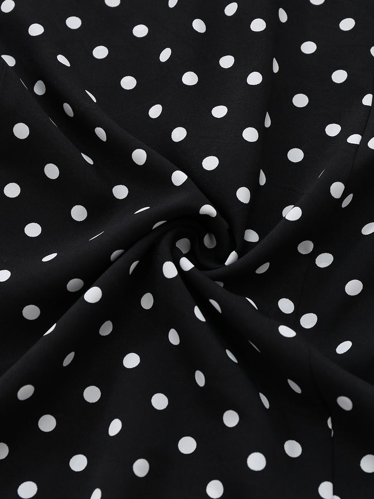 Robe noire à pois patchwork en dentelle manches évasées des années 1930