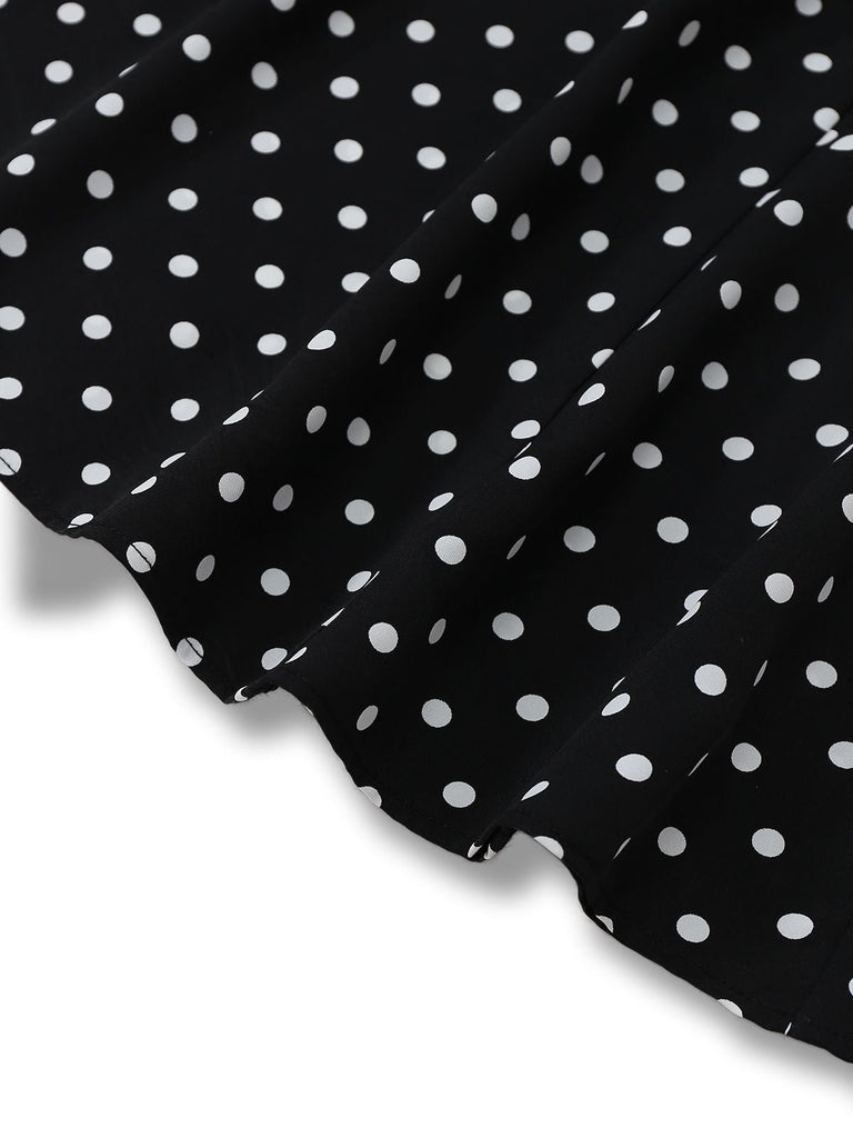 Robe noire à pois patchwork en dentelle manches évasées des années 1930