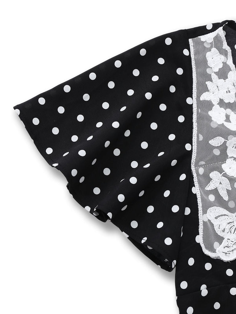 Robe noire à pois patchwork en dentelle manches évasées des années 1930