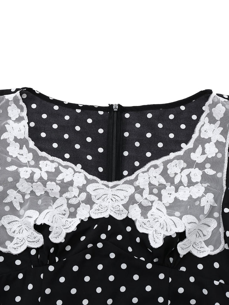 Robe noire à pois patchwork en dentelle manches évasées des années 1930