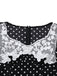 Robe noire à pois patchwork en dentelle manches évasées des années 1930
