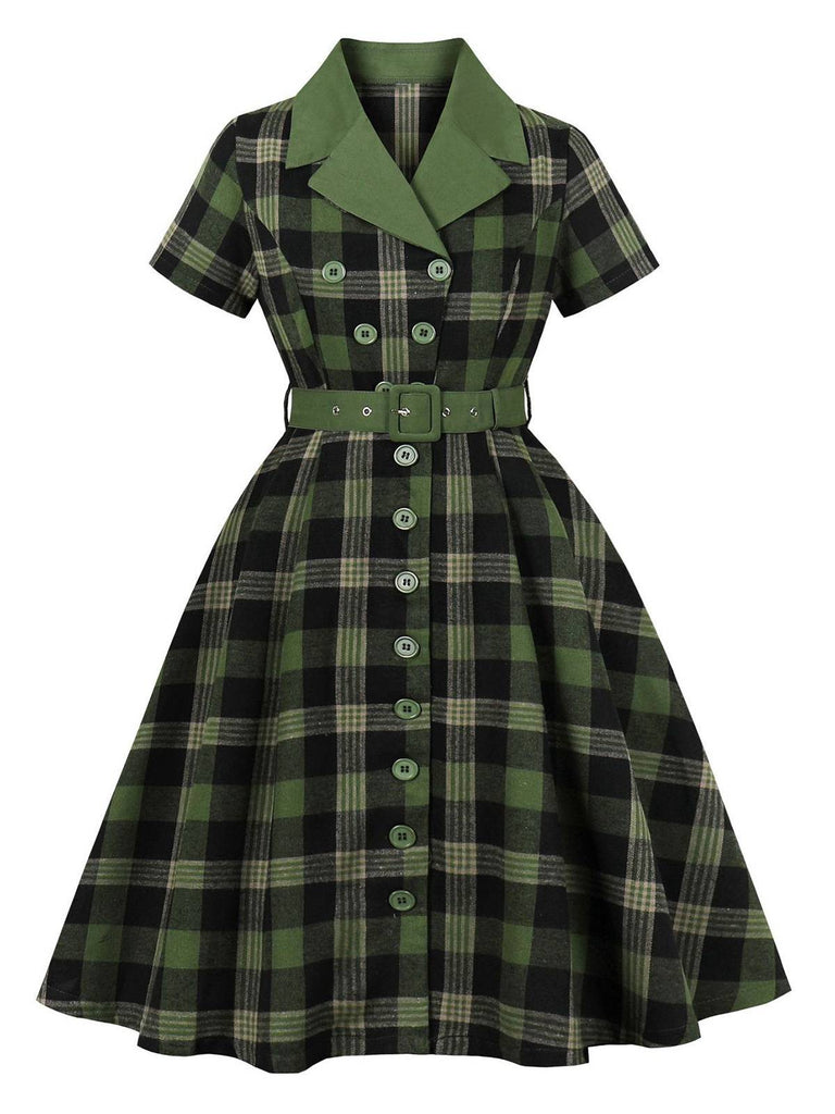 Robe à carreaux vichy avec ceinture et revers boutonnés des années 1950