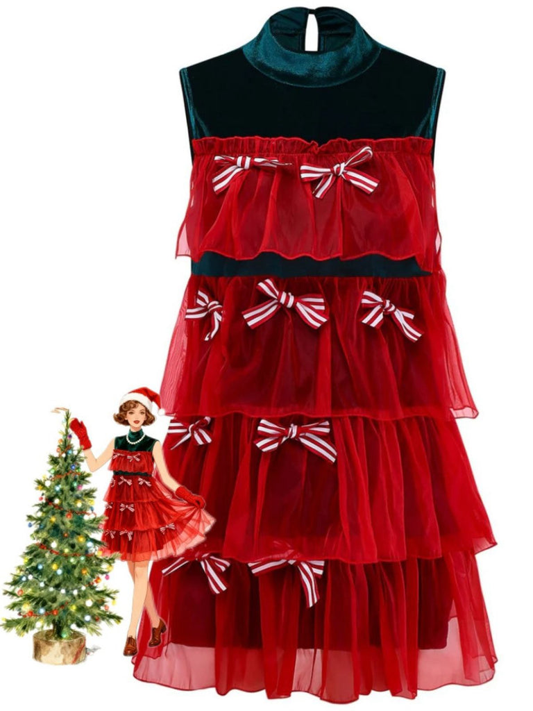 Robe de sapin de Noël en velours et maille patchwork avec nœud des années 1960